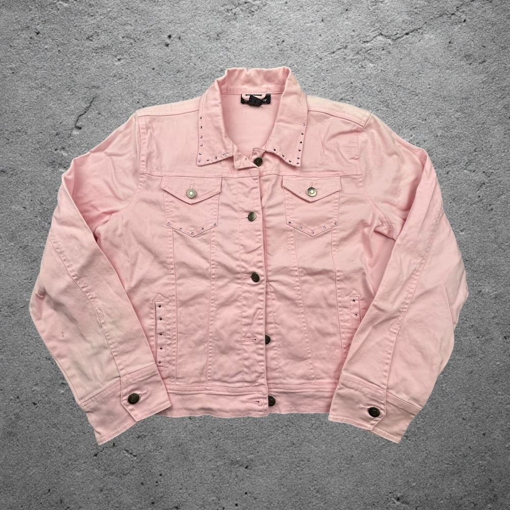 Vintage Y2K Pink Rhinestone Floral Denim Jacket Green Sky Medium Boxy Studded